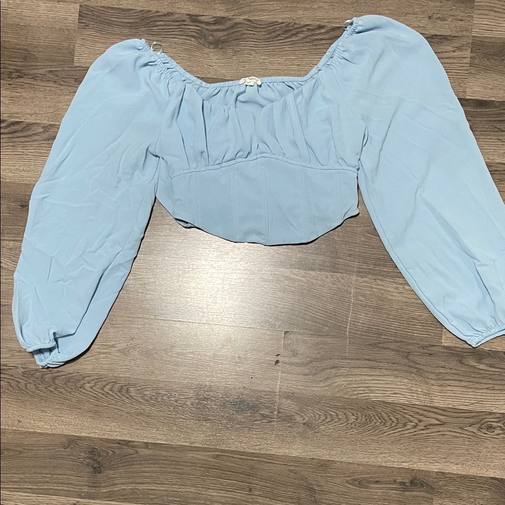 Blu Pepper Pale Blue Puff Sleeve Cropped Top